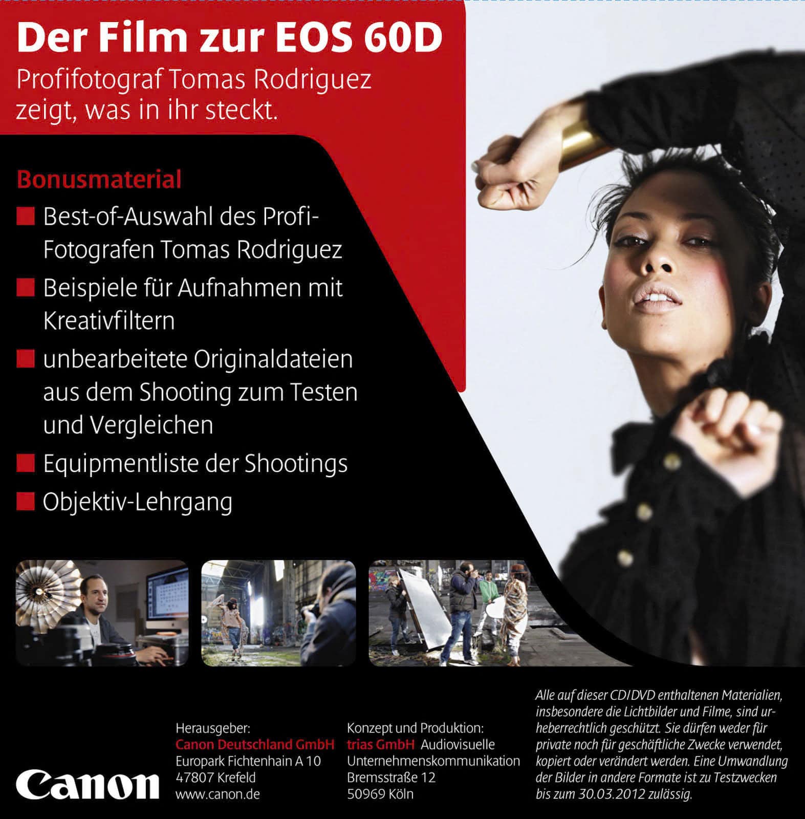 Poster für einen Film über die Canon EOS 60D. Zeigt eine Frau, die mit erhobenem Arm posiert, und einen Text, der den Inhalt des Films beschreibt, einschließlich Tipps zum Fotografieren und zur Verwendung der Ausrüstung. Das Canon-Logo und Unternehmensinformationen sind unten angegeben. © Fotografie Tomas Rodriguez