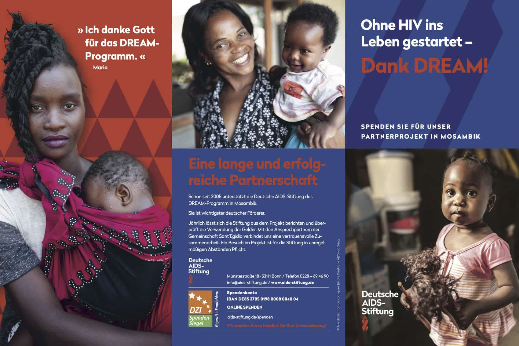 Eine Collage mit einer Mutter und ihrem Kind und Texten über erfolgreiche HIV-Präventionsprogramme in Mosambik. Ein Bild zeigt eine lächelnde Mutter, die ein Baby hält, ein anderes ein kleines Kind. Die Farben sind Rot, Blau und Orange mit verschiedenen Texten auf Deutsch. © Fotografie Tomas Rodriguez