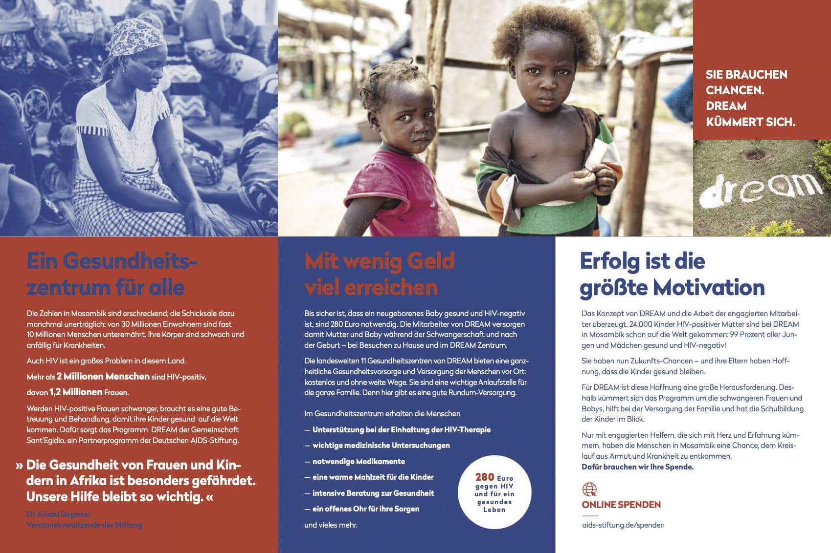 Eine Broschüre mit Bildern von Kindern und Texten über Gesundheitsinitiativen in Afrika. Die linke Seite zeigt Kinder in einer Menschenmenge, die rechte Seite zeigt zwei kleine Kinder, die in einer ländlichen Gegend stehen. Der Text hebt die Wohltätigkeitsarbeit hervor und enthält Informationen zu Spenden. © Fotografie Tomas Rodriguez