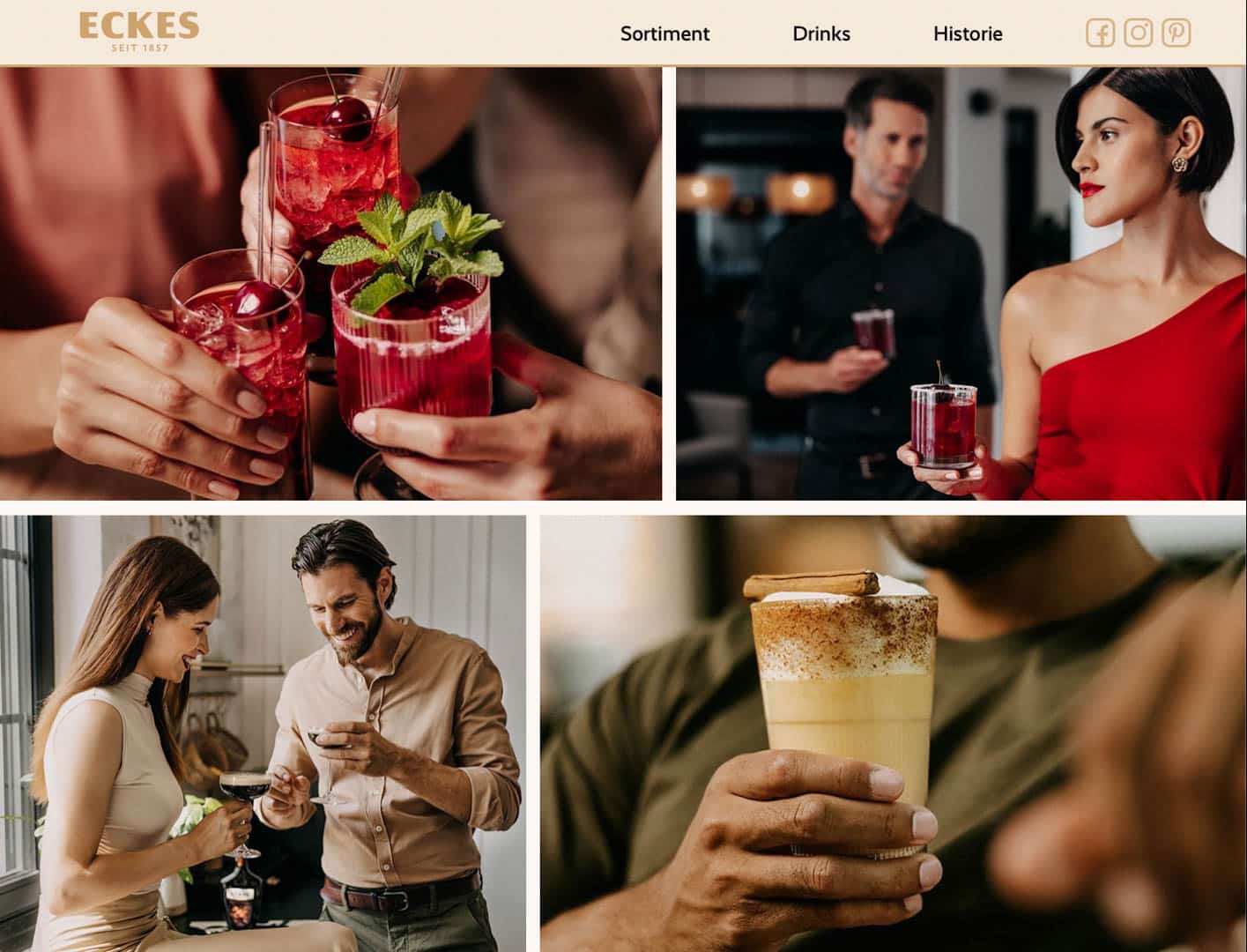 Collage von Menschen, die spritzige Cocktails genießen. Oben links: Hände halten Drinks mit Minze und Zitrusfrüchten. Oben rechts: eine Frau in einem roten Kleid mit einem Cocktail. Unten links: ein Paar, das einen Moment miteinander verbringt. Unten rechts: eine Nahaufnahme eines schaumigen Drinks mit Zimt. © Fotografie Tomas Rodriguez