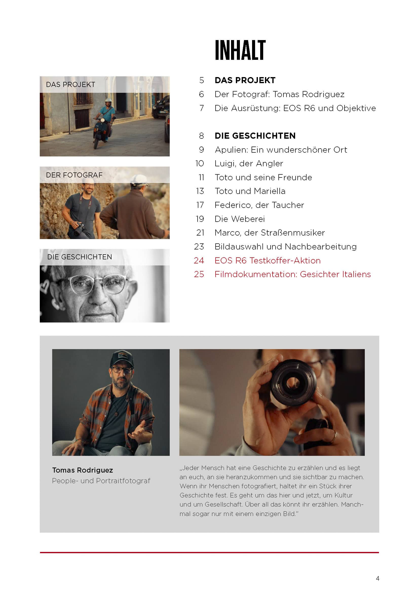 Eine Inhaltsseite einer Zeitschrift mit Kapitelüberschriften, Seitenzahlen, Schwarz-Weiß-Porträts eines älteren Mannes und einer Frau, Fotos eines Fotografen mit einer Kamera und einem beschreibenden Text über den Fotografen Tomas Rodriguez. © Fotografie Tomas Rodriguez