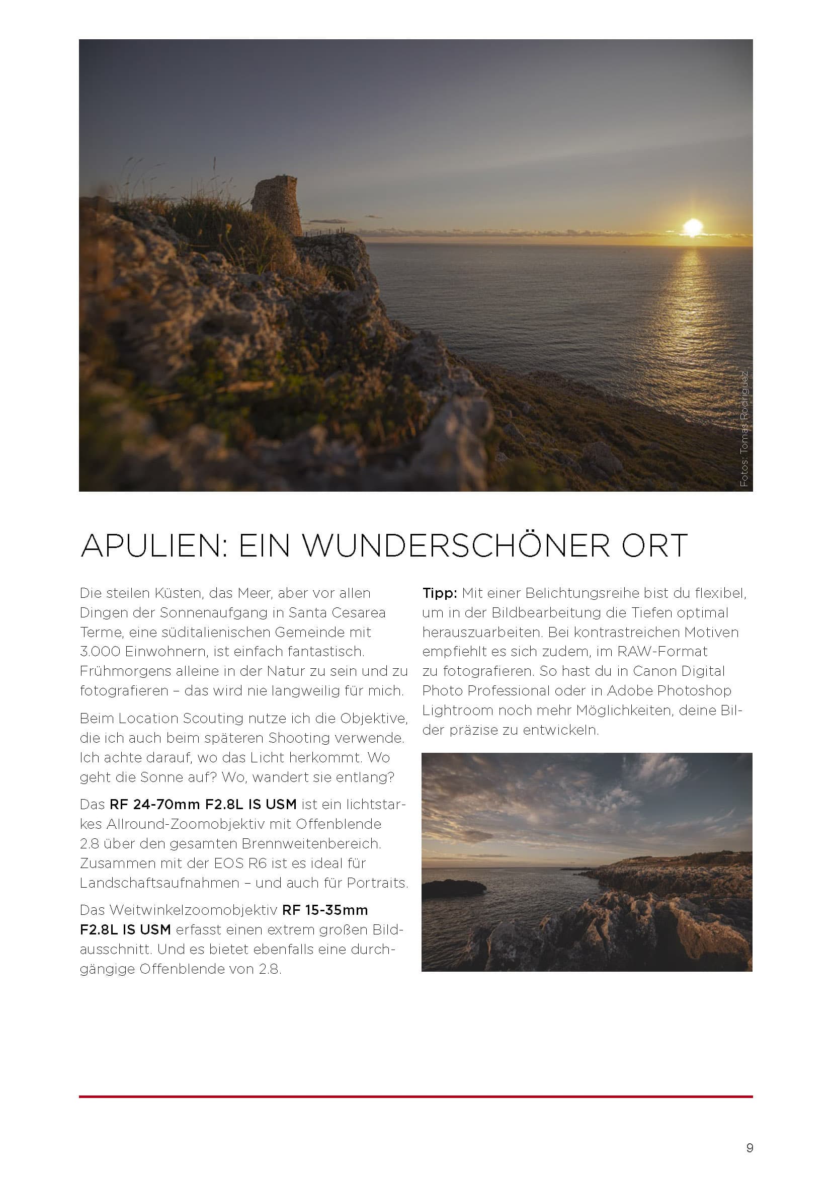 Eine zerklüftete Küstenlinie bei Sonnenuntergang mit dramatischen Klippen, dem Meer darunter und einem goldenen Himmel. Das Sonnenlicht hebt die Spitzen der Felsen hervor und schafft eine heitere und malerische Landschaft in Apulien, Italien. © Fotografie Tomas Rodriguez