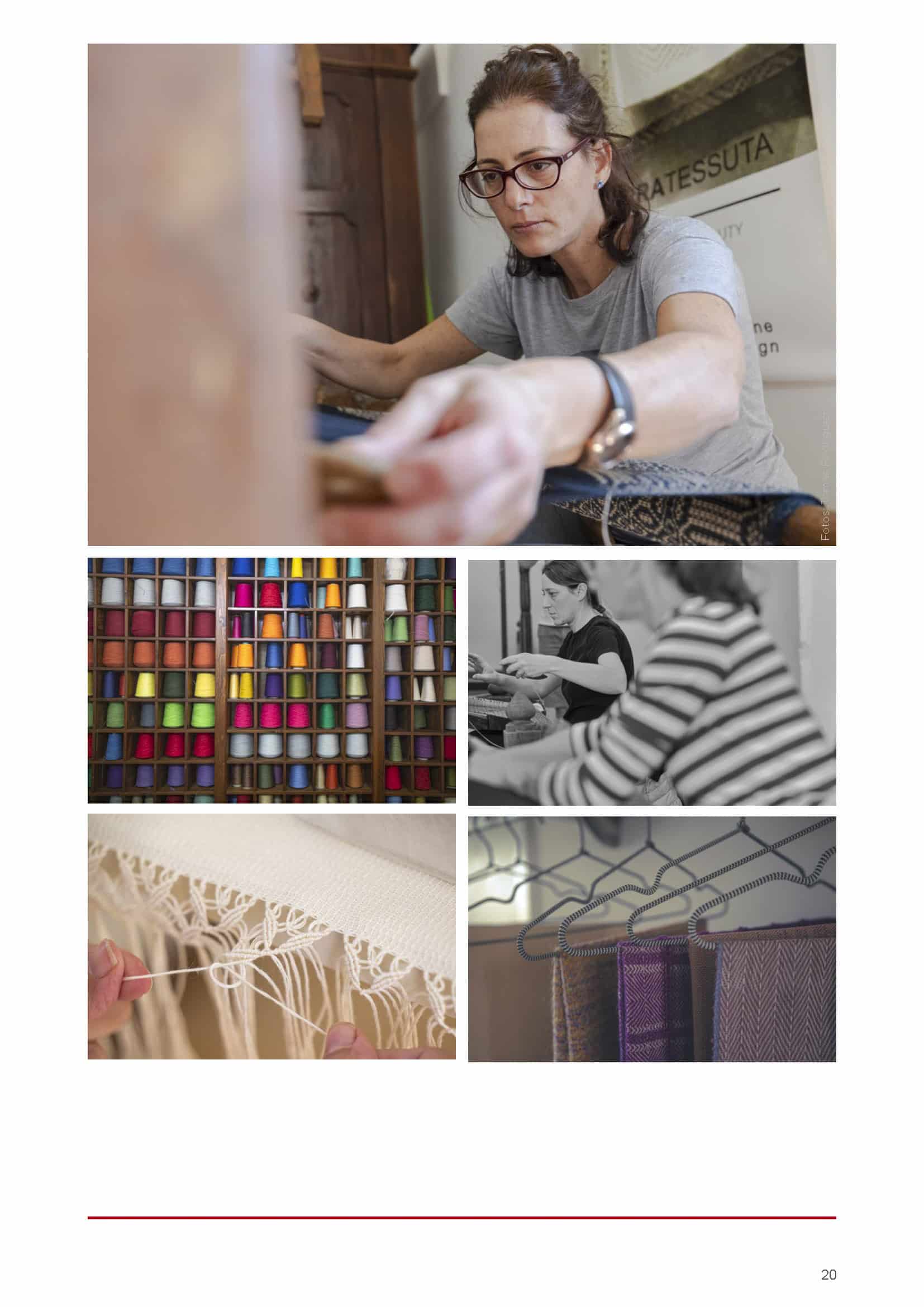 Eine Collage, die eine webende Frau, bunte Fadenspulen, eine Frau am Webstuhl, eine Nahaufnahme der webenden Hände und auf Bügeln hängende gewebte Stoffe zeigt. © Fotografie Tomas Rodriguez