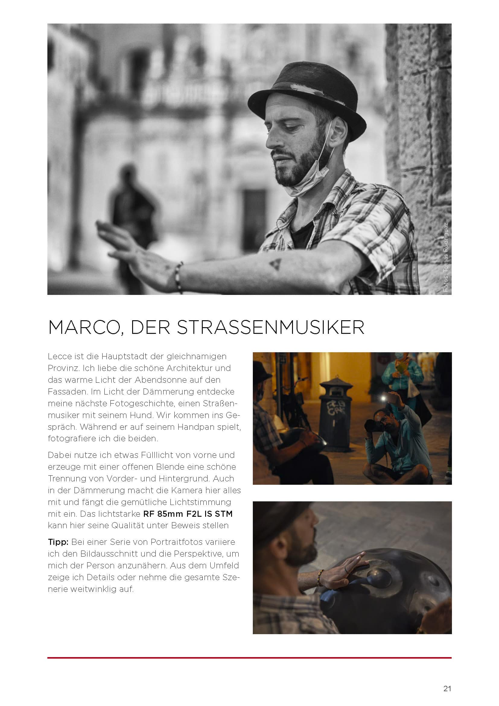 Ein Schwarz-Weiß-Foto eines gitarrespielenden Straßenmusikers; darunter drei Farbbilder: Hände, die eine Gitarre stimmen, eine Nahaufnahme einer Straßenorgel und ein Künstler, der ein Wandgemälde malt. Der Text beschreibt Marco, den Straßenmusiker. © Fotografie Tomas Rodriguez