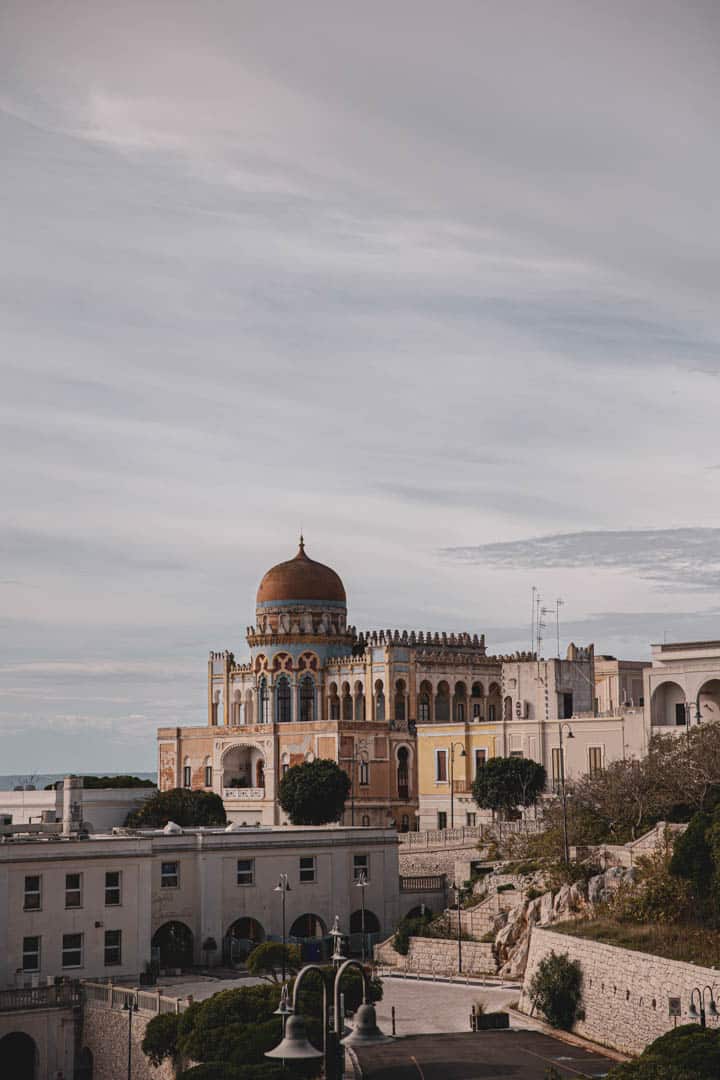 Ein historisches Gebäude mit einer großen braunen Kuppel und verschnörkelten Bögen steht auf einem Hügel unter einem bewölkten Himmel, umgeben von Bäumen und weißen Strukturen, mit Treppen und Laternenpfählen im Vordergrund. © Fotografie Tomas Rodriguez