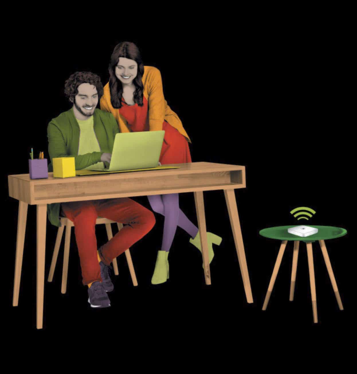 Ein Mann sitzt an einem hölzernen Schreibtisch und benutzt einen Laptop, während eine Frau lächelnd daneben steht. Neben ihnen steht ein kleiner Tisch mit einem Wi-Fi-Router, der Signalleitungen aussendet. Beide sind in bunte Kleidung gekleidet. Der Hintergrund ist schwarz. © Fotografie Tomas Rodriguez