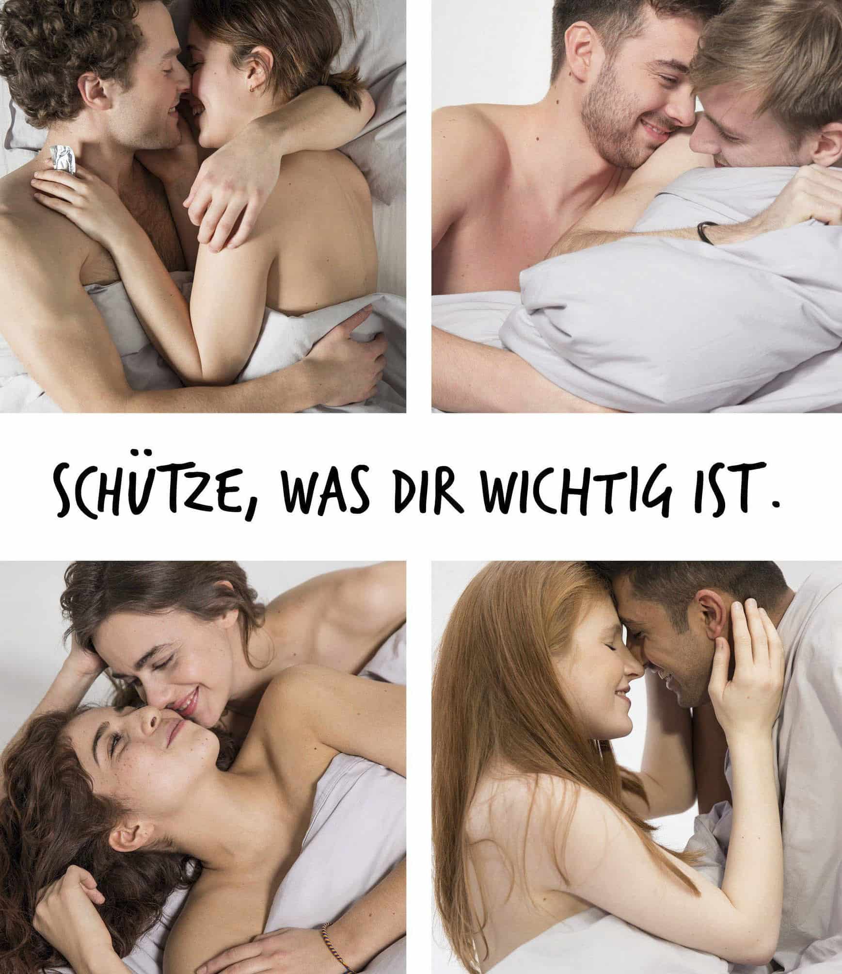 Vier Paare kuscheln intim unter weißen Laken. Jedes Paar zeigt Zuneigung und Nähe. In der Mitte steht "Schütze, was dir wichtig ist", was so viel bedeutet wie "Schütze, was dir wichtig ist". © Fotografie Tomas Rodriguez