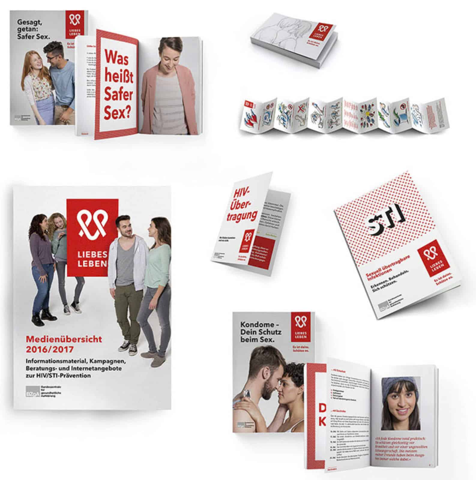 Eine Sammlung deutscher Broschüren, Hefte und Faltblätter zur sexuellen Gesundheit mit dem Titel "LIEBES LEBEN", die Bilder verschiedener Menschen und Themen wie Safer Sex, HIV-Übertragung, Kondome und Informationen zu Geschlechtskrankheiten zeigen. © Fotografie Tomas Rodriguez