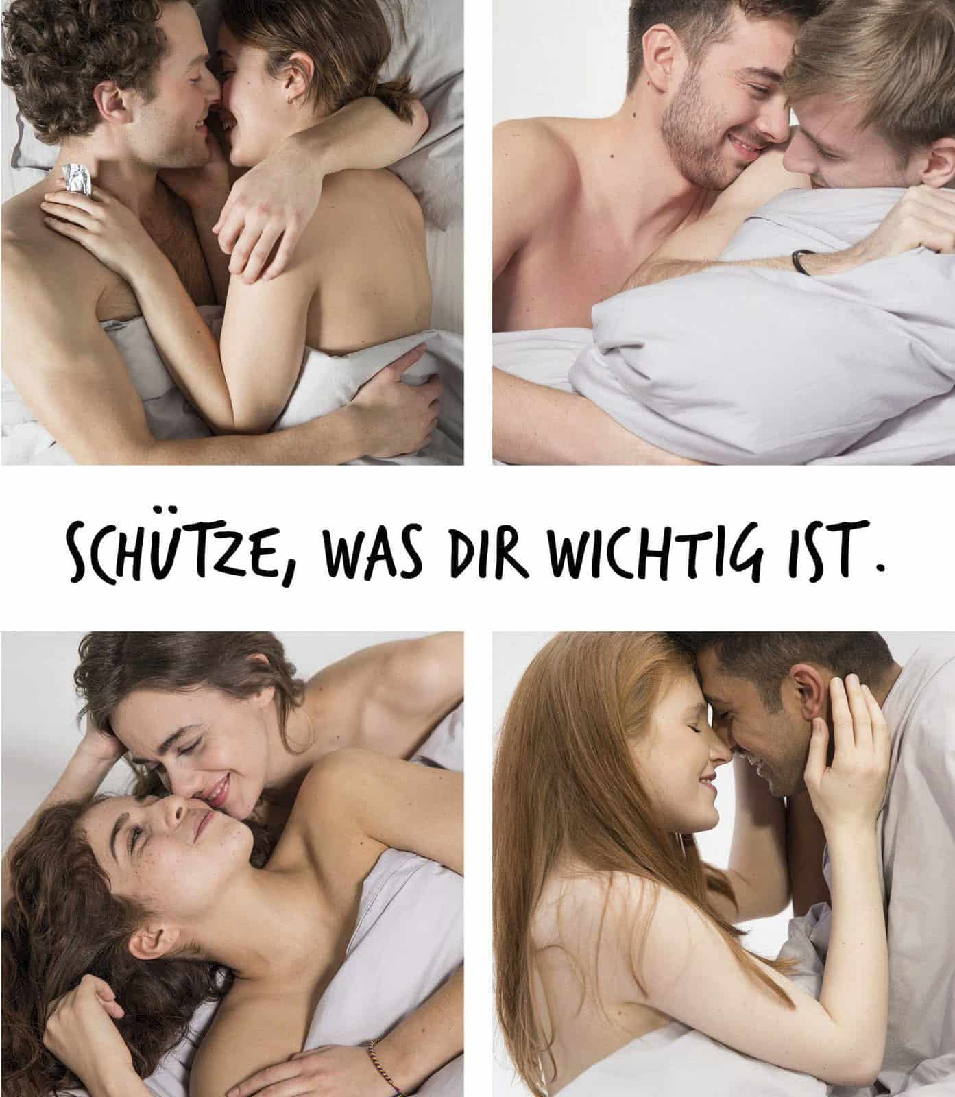 Vier Paare unterschiedlichen Geschlechts und Aussehens liegen eng beieinander unter Decken, lächeln und umarmen sich. Der deutsche Text darunter lautet: "Schütze, was dir wichtig ist. © Fotografie Tomas Rodriguez
