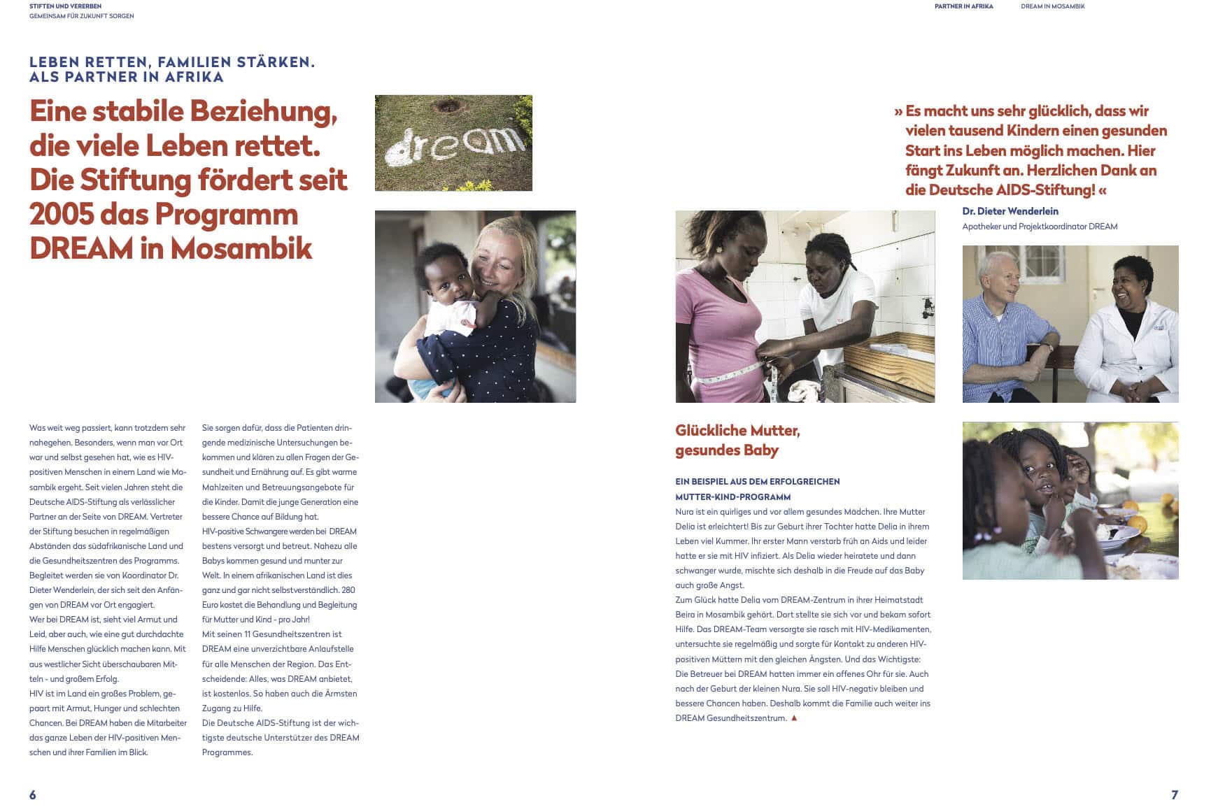 Eine Magazinstrecke enthält einen Text über das DREAM-Programm in Mosambik mit Fotos von lächelnden Müttern und Kindern, einem Wandgemälde mit dem Wort "Traum" und Menschen im Gespräch in einer Klinik. © Fotografie Tomas Rodriguez